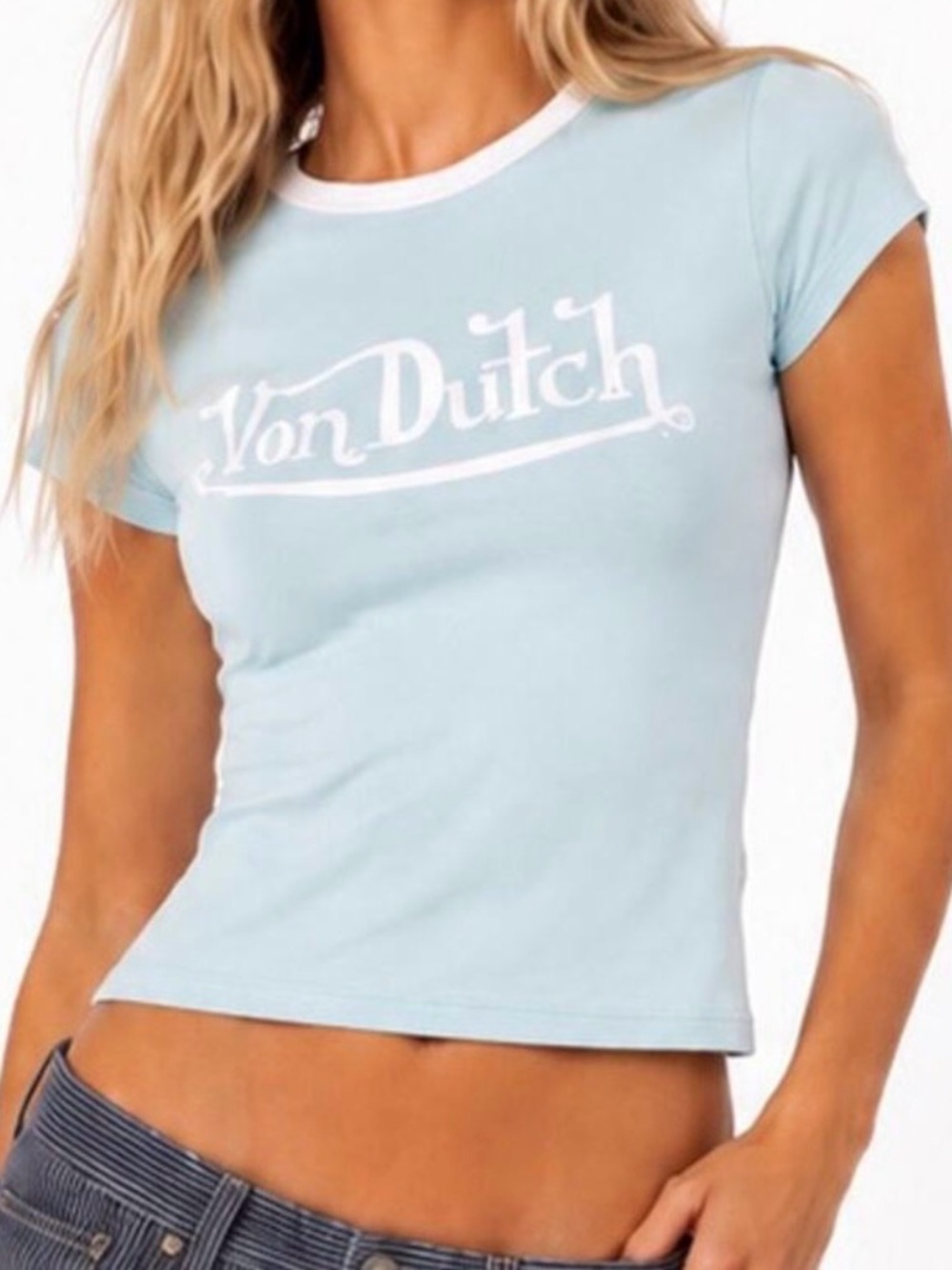 Von Dutch Light Blue Crop Logo Tee with White Trim